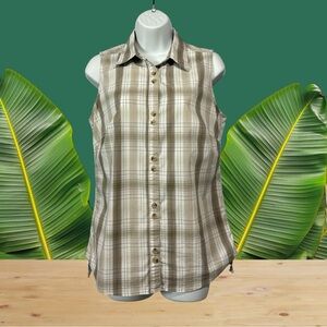 NEW, Columbia Sportswear, Sleeveless Button-Down Plaid Shirt, Size M, Beige